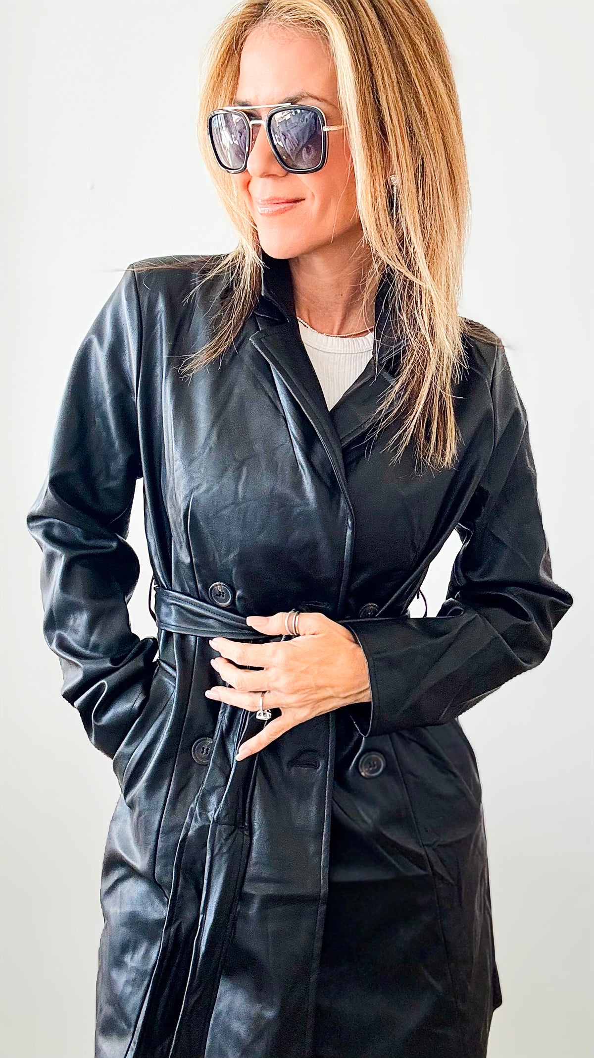 Faux Leather Trench With Belt- Black-160 Jackets-LOVE TREE-Coastal Bloom Boutique, find the trendiest versions of the popular styles and looks Located in Indialantic, FL