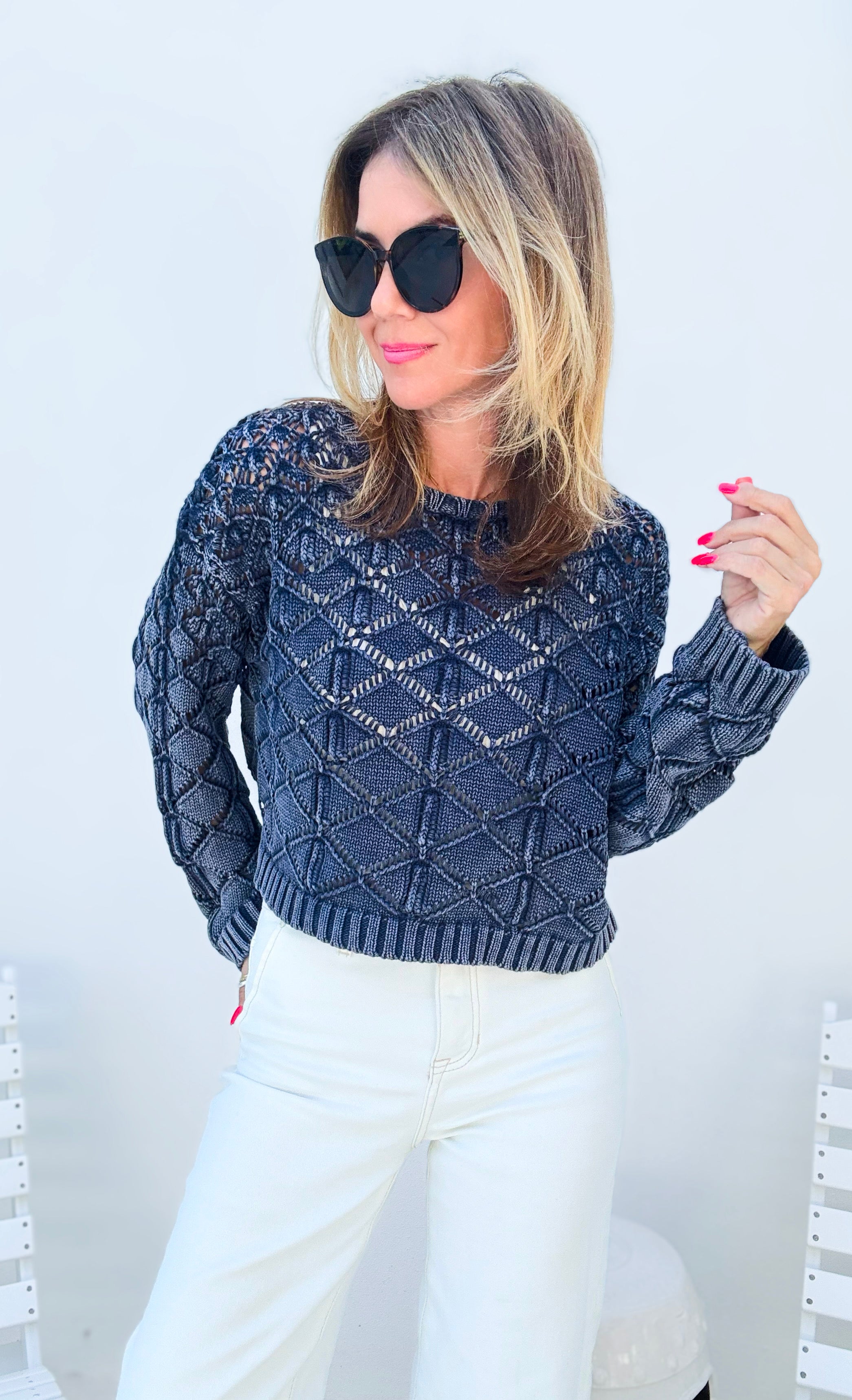 Crochet Round Neck Sweater-130 Long Sleeve Tops-EESOME-Coastal Bloom Boutique, find the trendiest versions of the popular styles and looks Located in Indialantic, FL