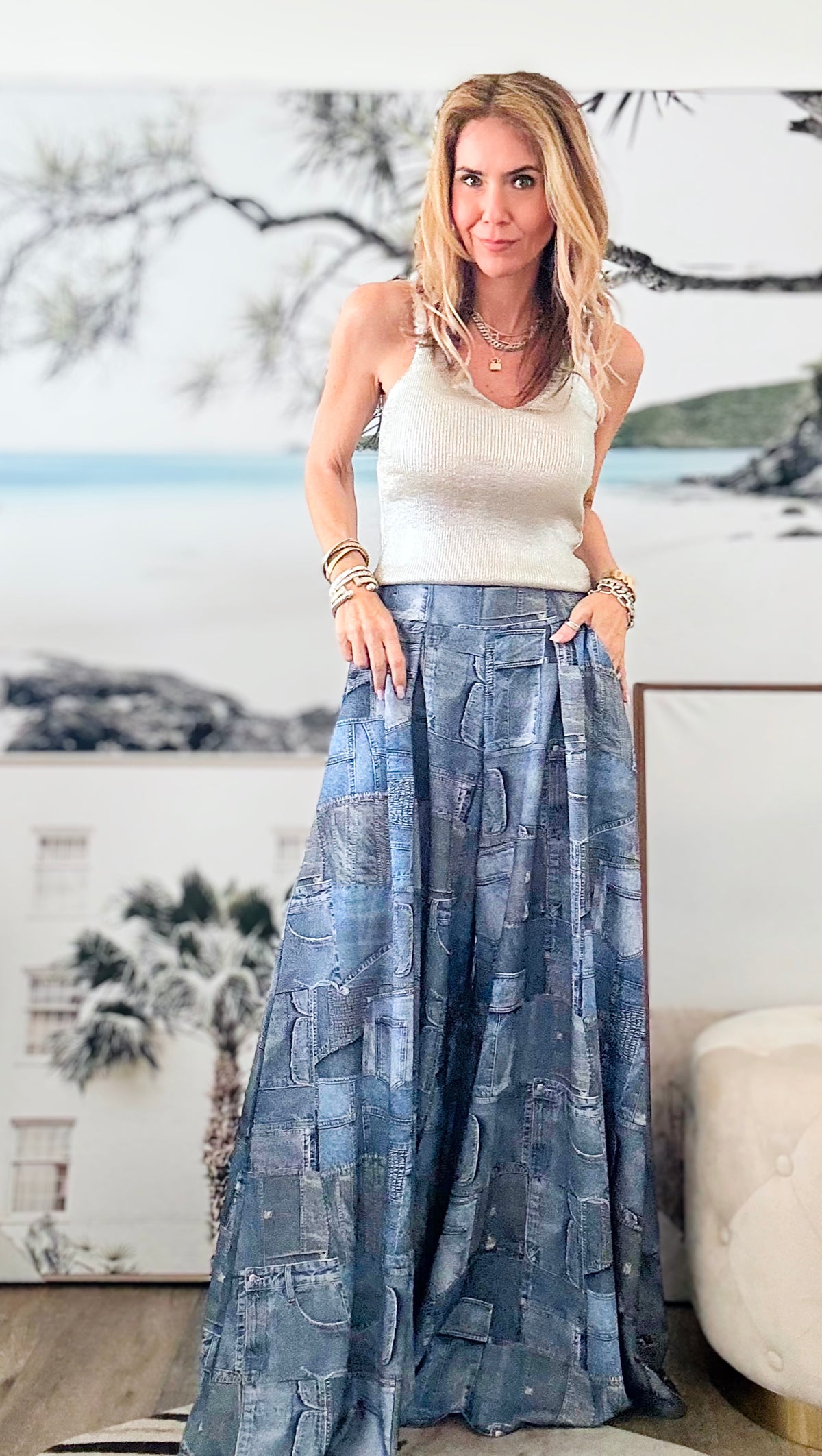 Denim Patch Print Wide Leg Palazzo Pants-170 Bottoms-Nylon Apparel-Coastal Bloom Boutique, find the trendiest versions of the popular styles and looks Located in Indialantic, FL