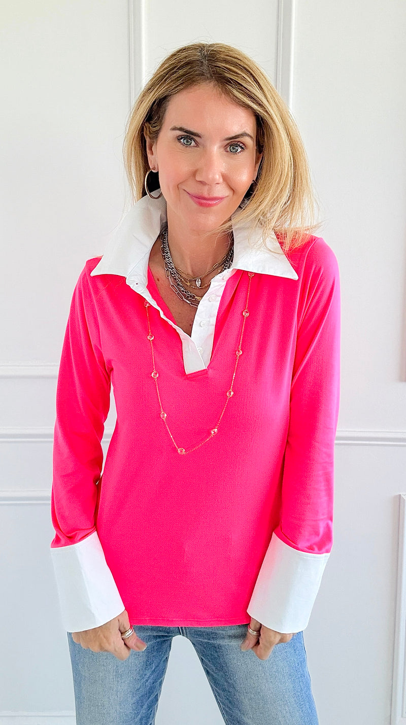 The Frankie Button Down Top - Neon Pink-130 Long Sleeve Tops-EC COLLECTION INC-Coastal Bloom Boutique, find the trendiest versions of the popular styles and looks Located in Indialantic, FL