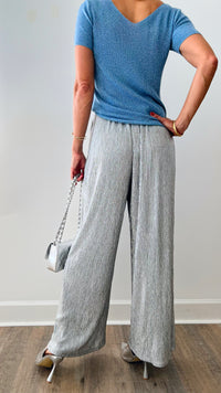 Pleated Wide Leg Lurex Shimmering Pants - Silver-170 Bottoms-Glam-Coastal Bloom Boutique, find the trendiest versions of the popular styles and looks Located in Indialantic, FL
