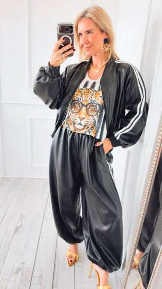 Trackside Chic Faux Leather Italian Jogger- Black