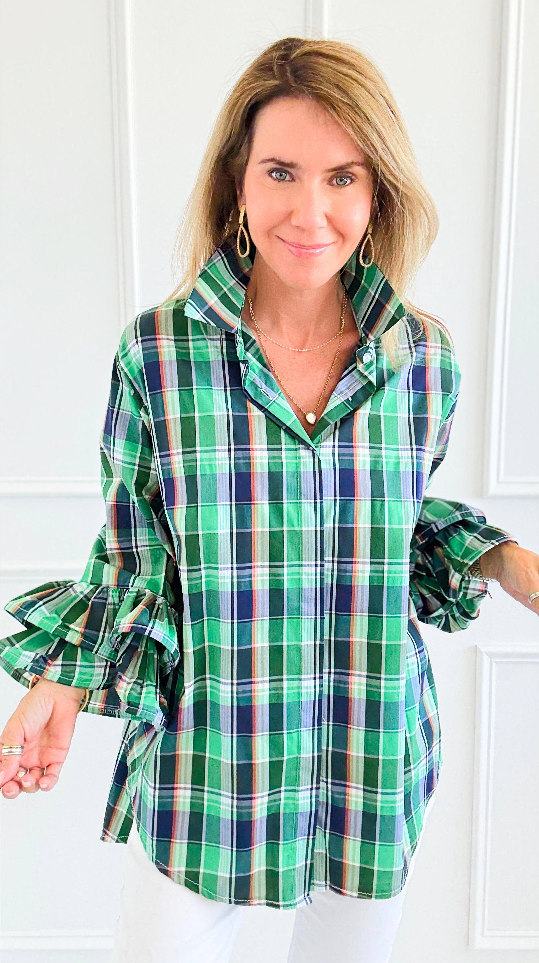 Tartan Ruffle Bell Sleeve Italian Blouse-170 Bottoms-TATTOO Z-Coastal Bloom Boutique, find the trendiest versions of the popular styles and looks Located in Indialantic, FL