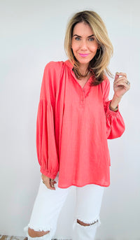 Savannah Breeze Peasant Blouse - Coral-130 Long Sleeve Tops-ROUSSEAU-Coastal Bloom Boutique, find the trendiest versions of the popular styles and looks Located in Indialantic, FL