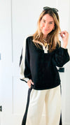 Contrast Lounge Quarter-Zip Top - Black-110 Long Sleeve Tops-JODIFL-Coastal Bloom Boutique, find the trendiest versions of the popular styles and looks Located in Indialantic, FL