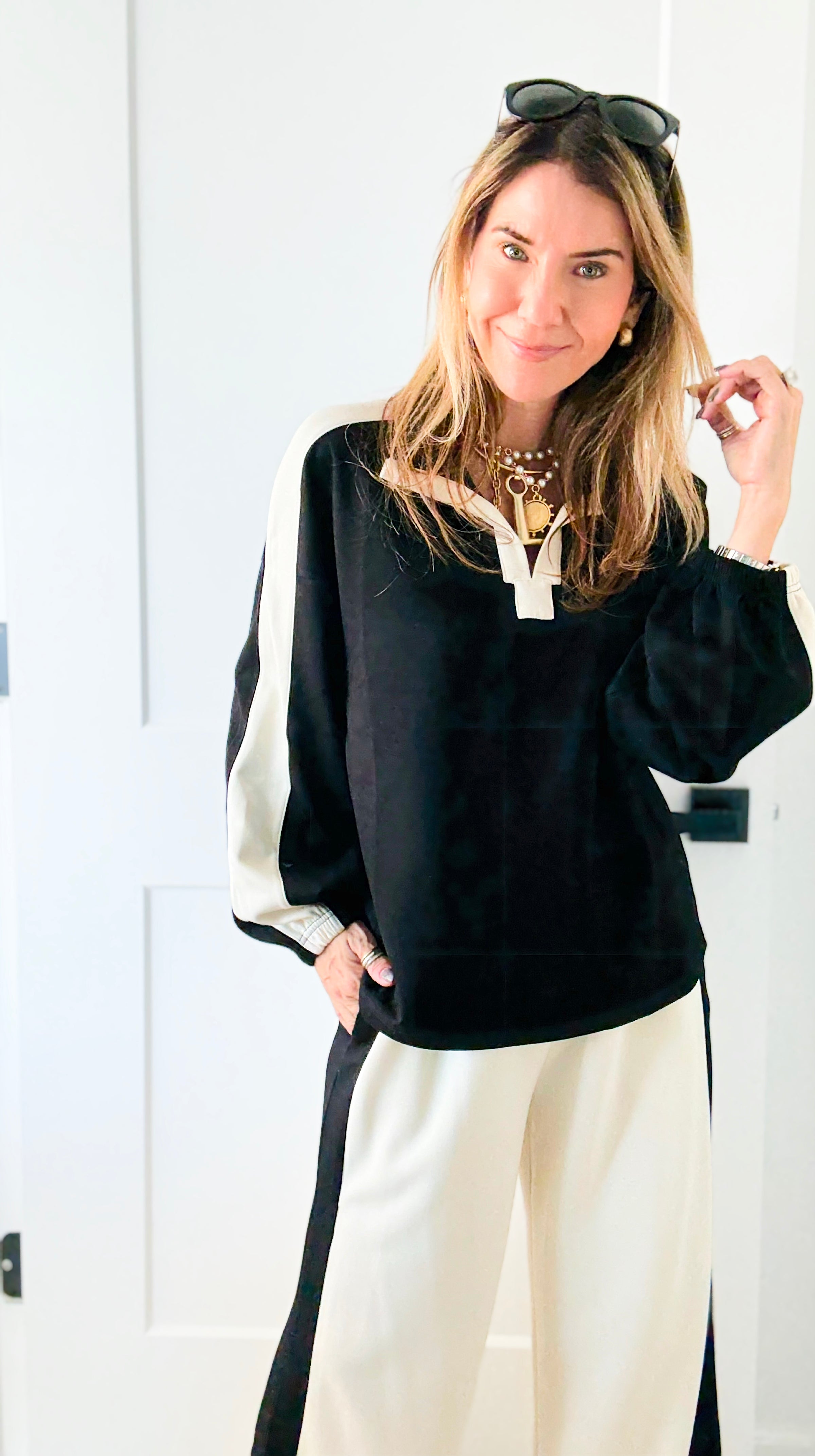 Contrast Lounge Quarter-Zip Top - Black-110 Long Sleeve Tops-JODIFL-Coastal Bloom Boutique, find the trendiest versions of the popular styles and looks Located in Indialantic, FL