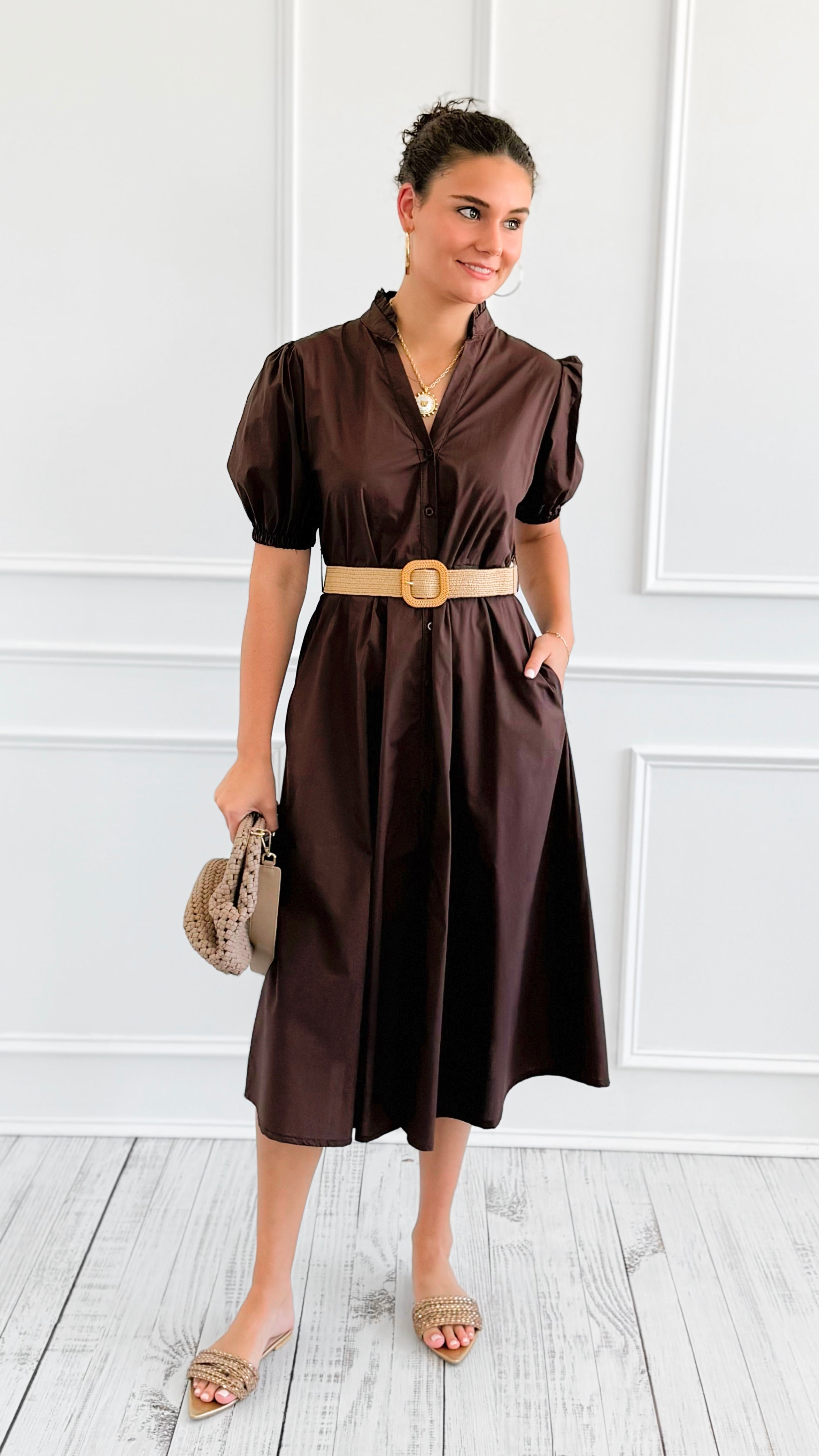 Elegant Belted Italian Midi Dress- Brown-200 Dresses/Jumpsuits/Rompers-AZUL MONACO-Coastal Bloom Boutique, find the trendiest versions of the popular styles and looks Located in Indialantic, FL