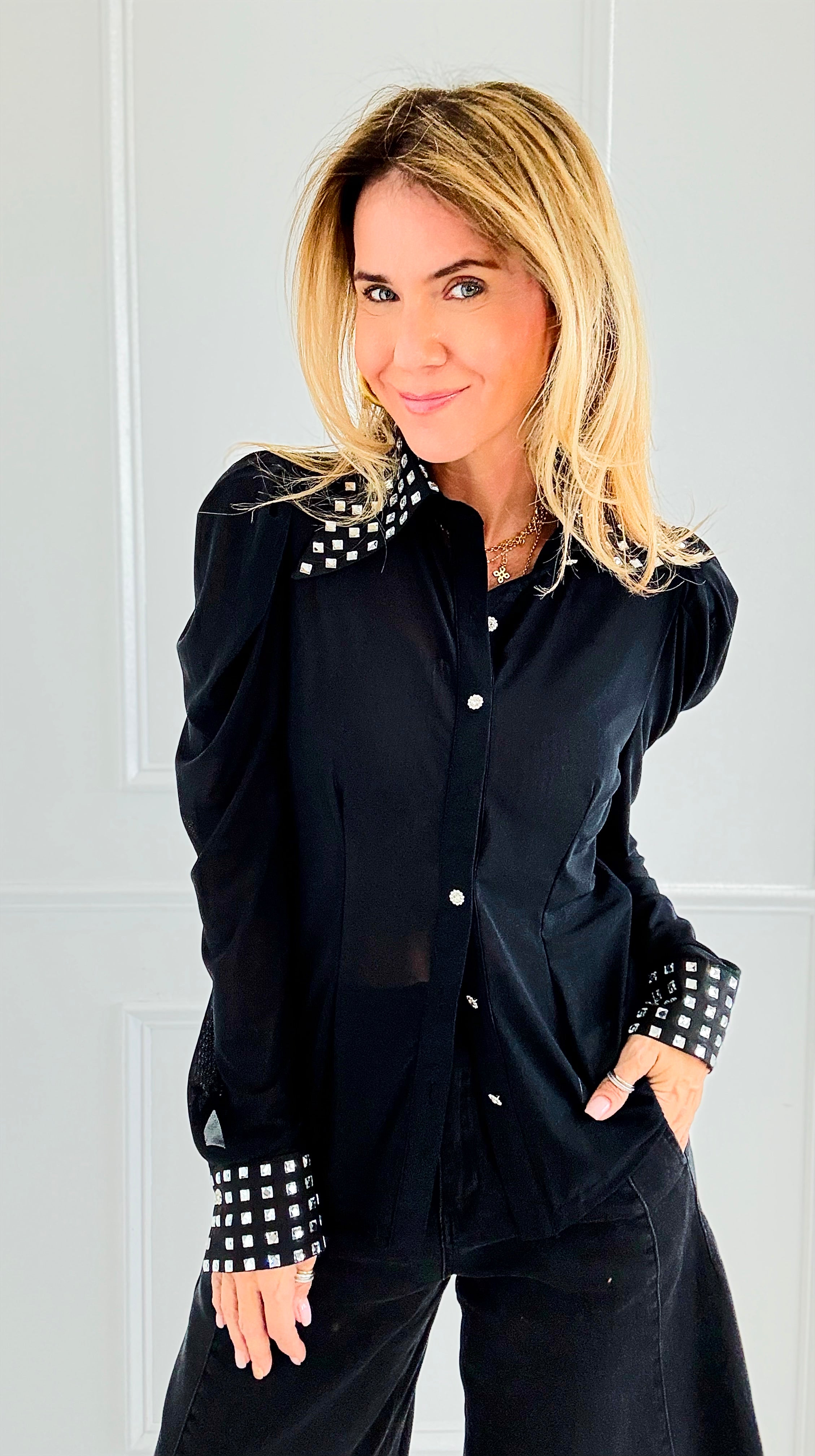 Crystal Collar Power Top-110 Long Sleeve Tops-7Mango7-Coastal Bloom Boutique, find the trendiest versions of the popular styles and looks Located in Indialantic, FL