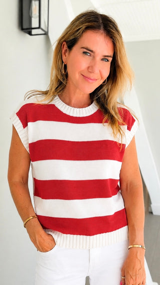 Striped Sleeveless Knit Top - White/Red