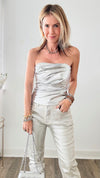 Metallic Wrap Silver Strapless Top-100 Sleeveless Tops-MISS LOVE-Coastal Bloom Boutique, find the trendiest versions of the popular styles and looks Located in Indialantic, FL