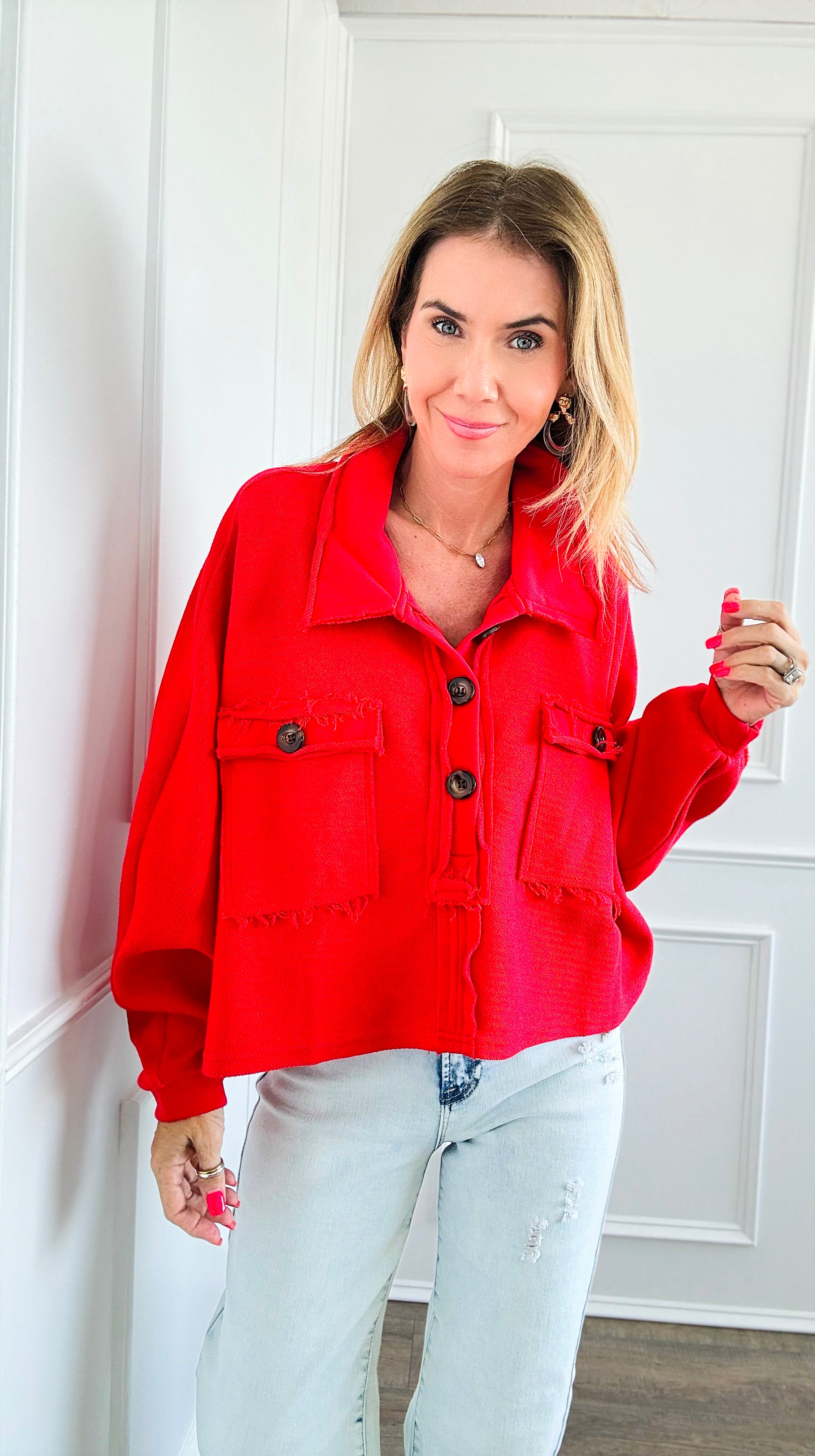 French Terry Buttoned Down Top - Red-130 Long Sleeve Tops-BucketList-Coastal Bloom Boutique, find the trendiest versions of the popular styles and looks Located in Indialantic, FL