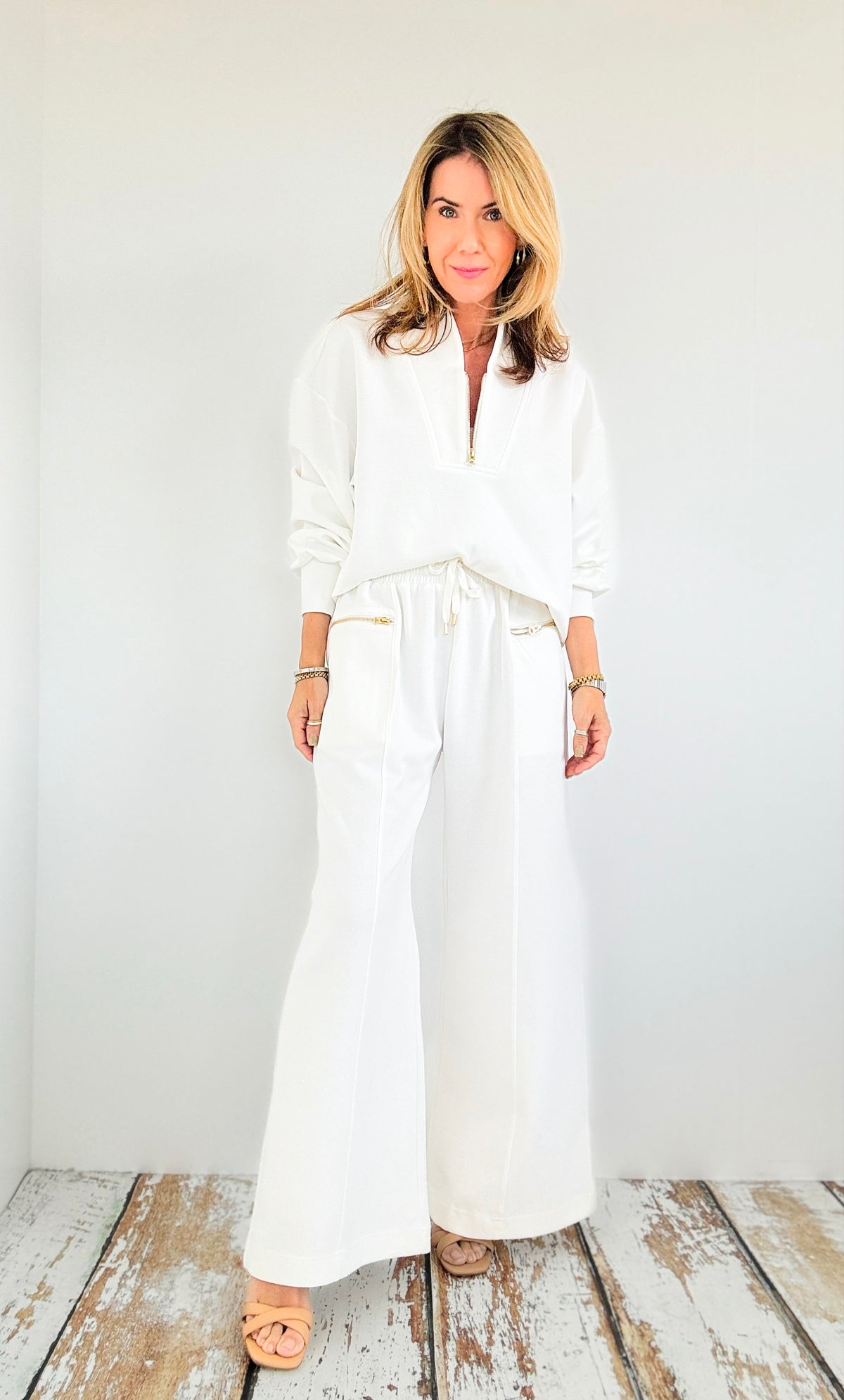 Zipper Pockets Detailed Wide Leg Pants - Off White-170 Bottoms-BucketList-Coastal Bloom Boutique, find the trendiest versions of the popular styles and looks Located in Indialantic, FL