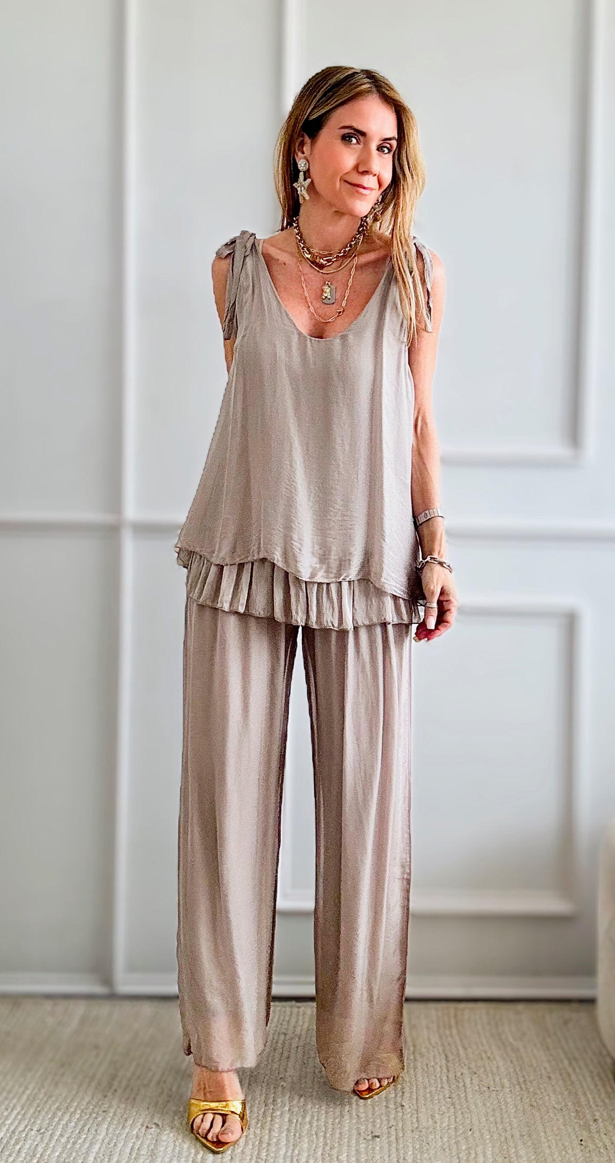 Sheer Overlay Italian Palazzo - Taupe-pants-Germany-Coastal Bloom Boutique, find the trendiest versions of the popular styles and looks Located in Indialantic, FL