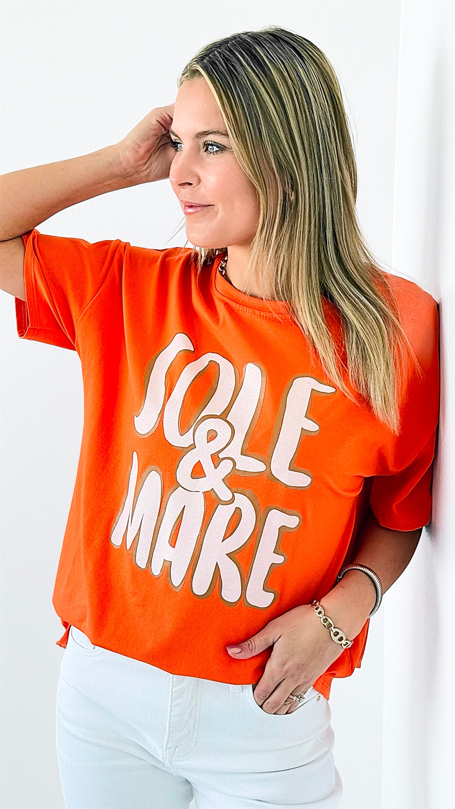 Sole & Mare Italian Graphic Tee- Orange-110 Short Sleeve Tops-Italianissimo-Coastal Bloom Boutique, find the trendiest versions of the popular styles and looks Located in Indialantic, FL