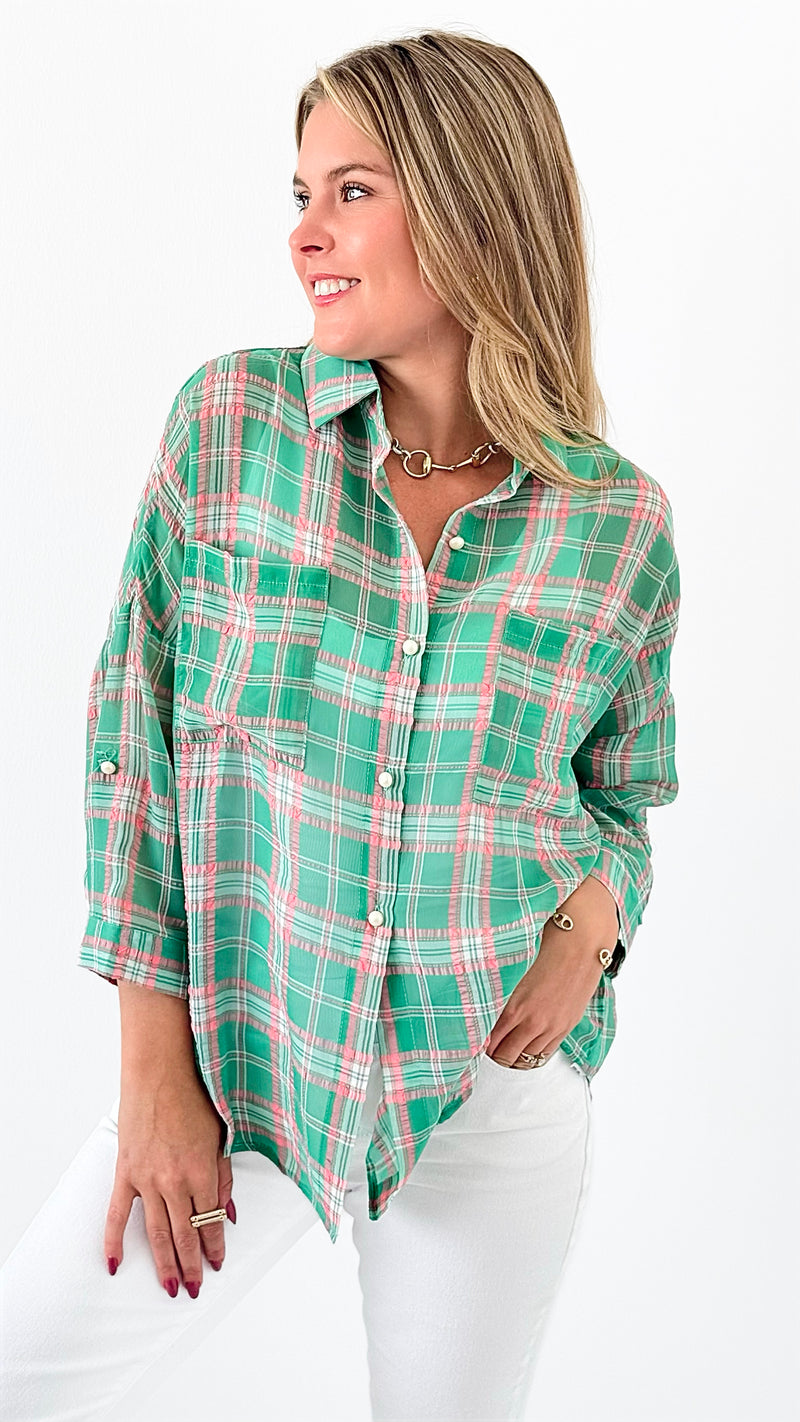 Meadow Breeze Plaid Shirt - Green-130 Long sleeve top-PASTEL DESIGN-Coastal Bloom Boutique, find the trendiest versions of the popular styles and looks Located in Indialantic, FL