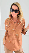 Rhinestone Embroidered Blouse - Camel-130 Long Sleeve Tops-PASTEL DESIGN-Coastal Bloom Boutique, find the trendiest versions of the popular styles and looks Located in Indialantic, FL
