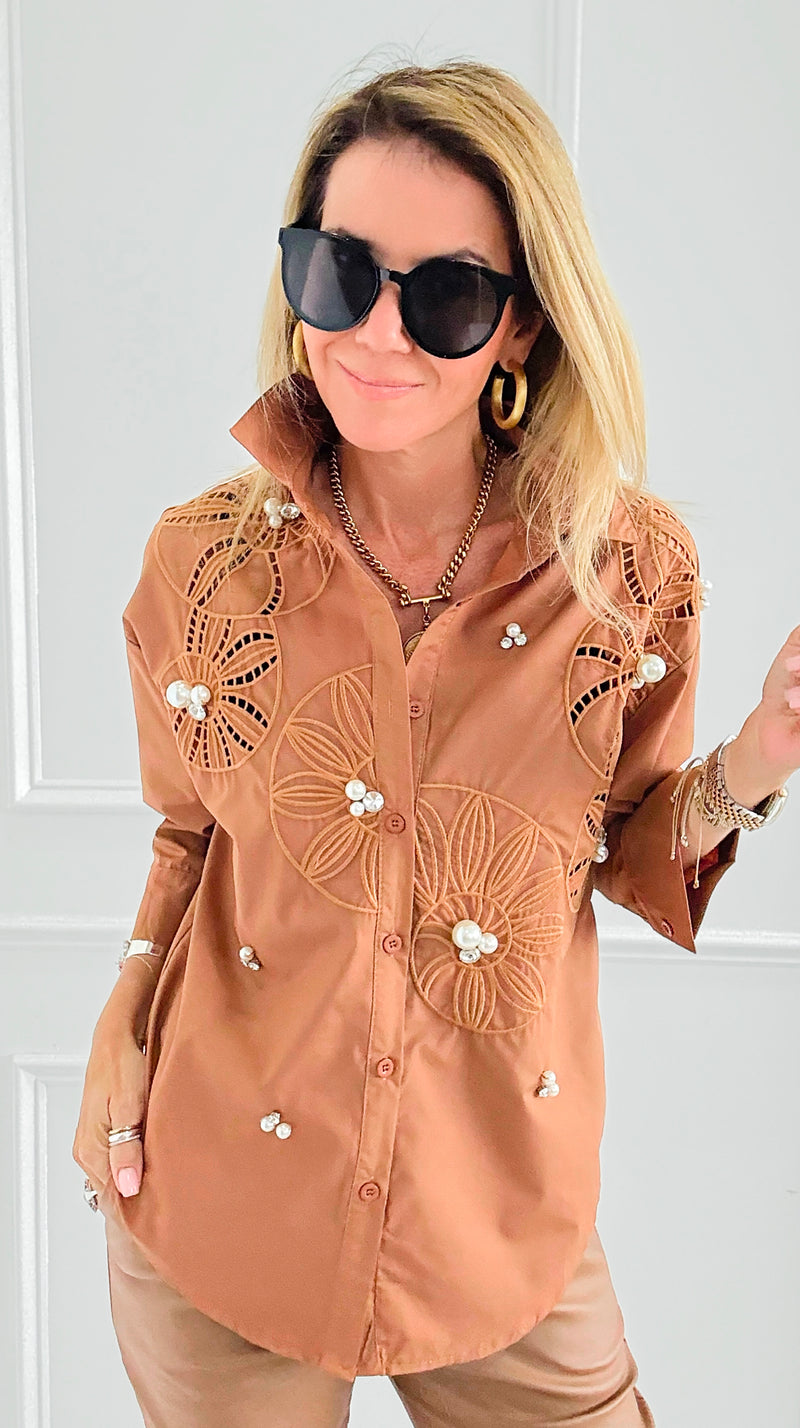 Rhinestone Embroidered Blouse - Camel-130 Long Sleeve Tops-PASTEL DESIGN-Coastal Bloom Boutique, find the trendiest versions of the popular styles and looks Located in Indialantic, FL