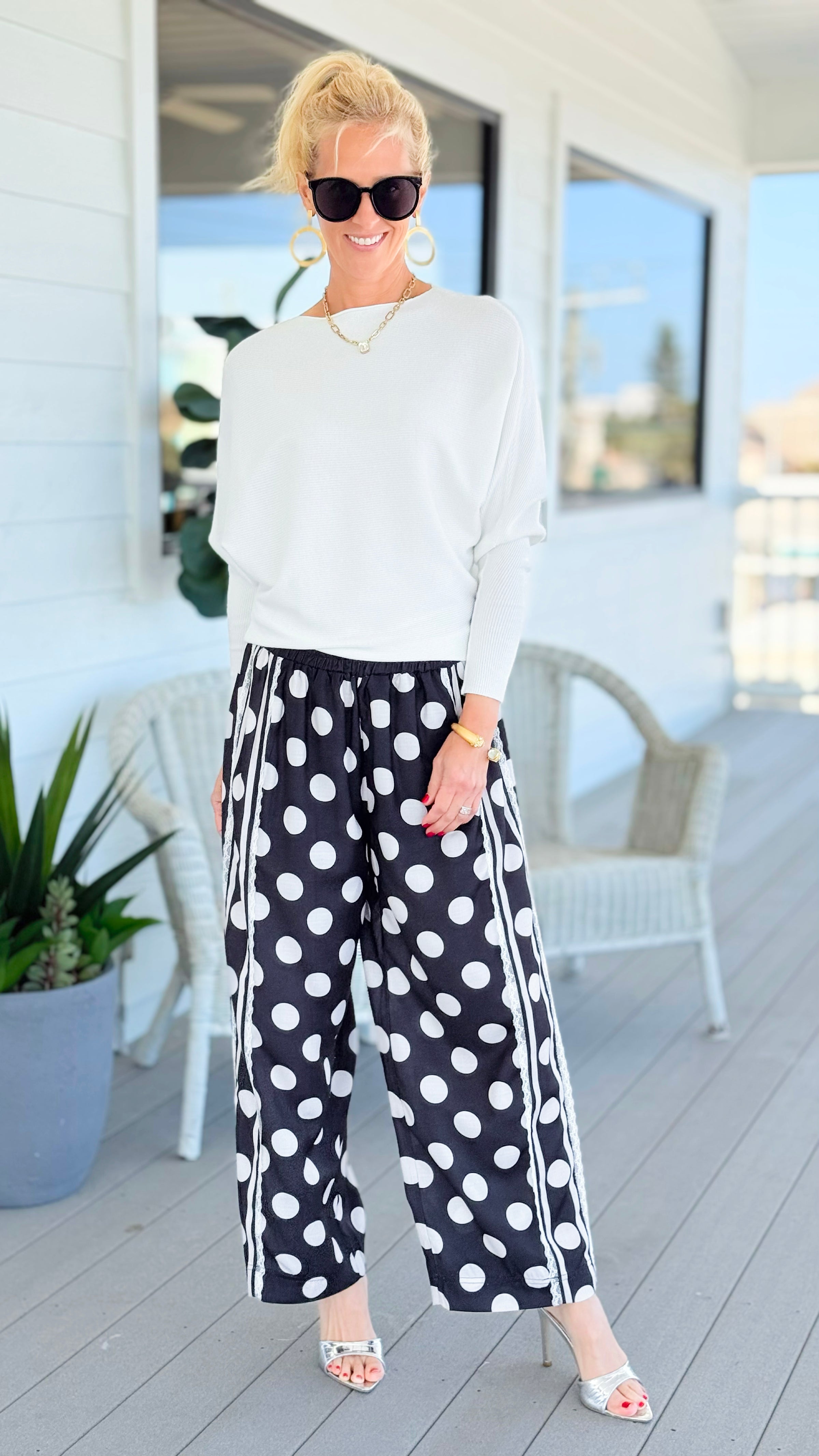 Playful Dot Lace Trim Wide Leg Pants - Black