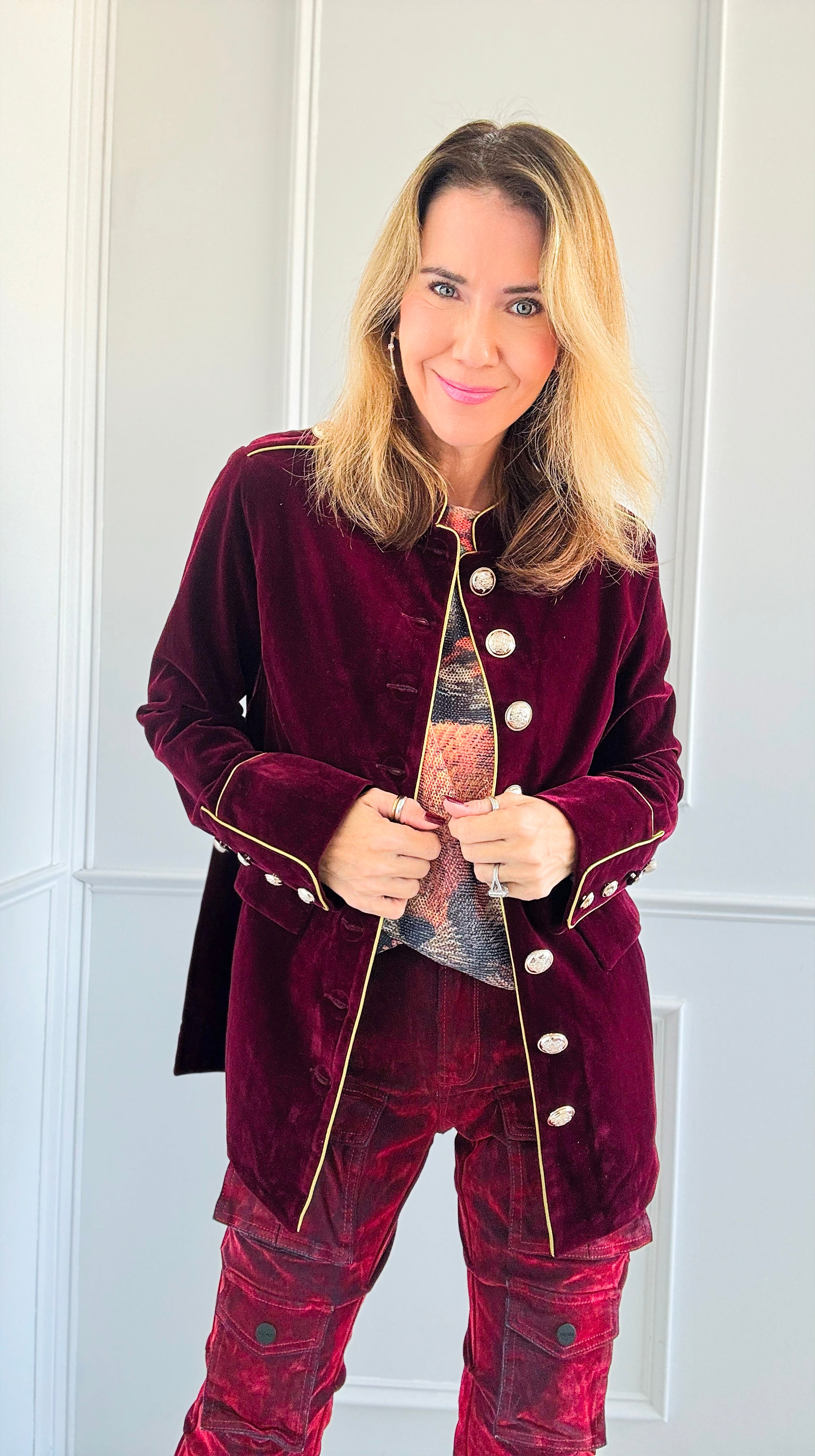 Majestic Velvet Military Blazer - Claret-160 Jackets-Cezele-Coastal Bloom Boutique, find the trendiest versions of the popular styles and looks Located in Indialantic, FL