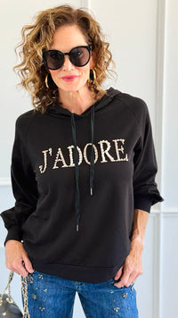 J'Adore Sparkle Italian Hoodie- Black-140 Sweaters-CRIS S.R.L.-Coastal Bloom Boutique, find the trendiest versions of the popular styles and looks Located in Indialantic, FL
