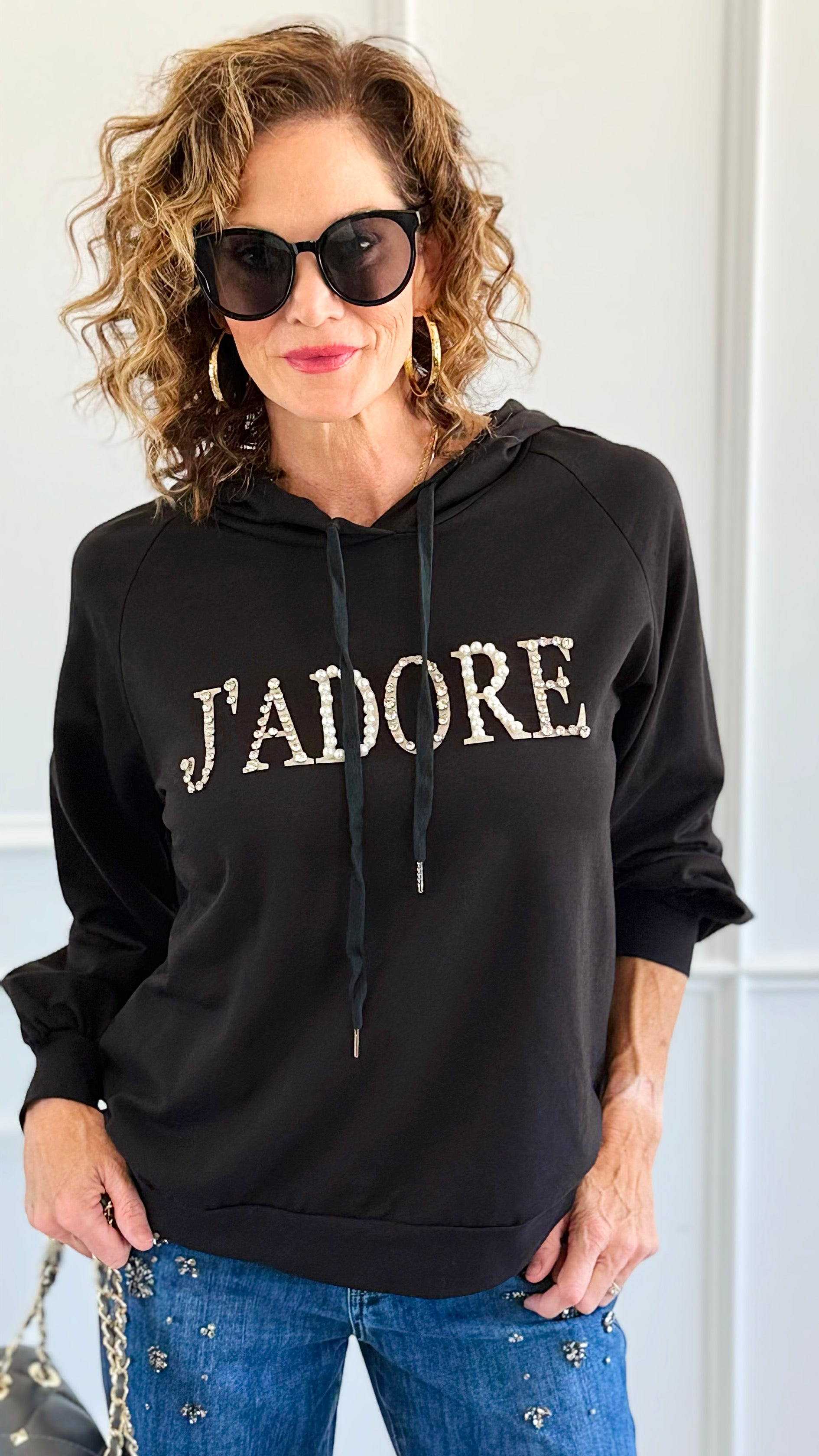 J'Adore Sparkle Italian Hoodie- Black-140 Sweaters-CRIS S.R.L.-Coastal Bloom Boutique, find the trendiest versions of the popular styles and looks Located in Indialantic, FL