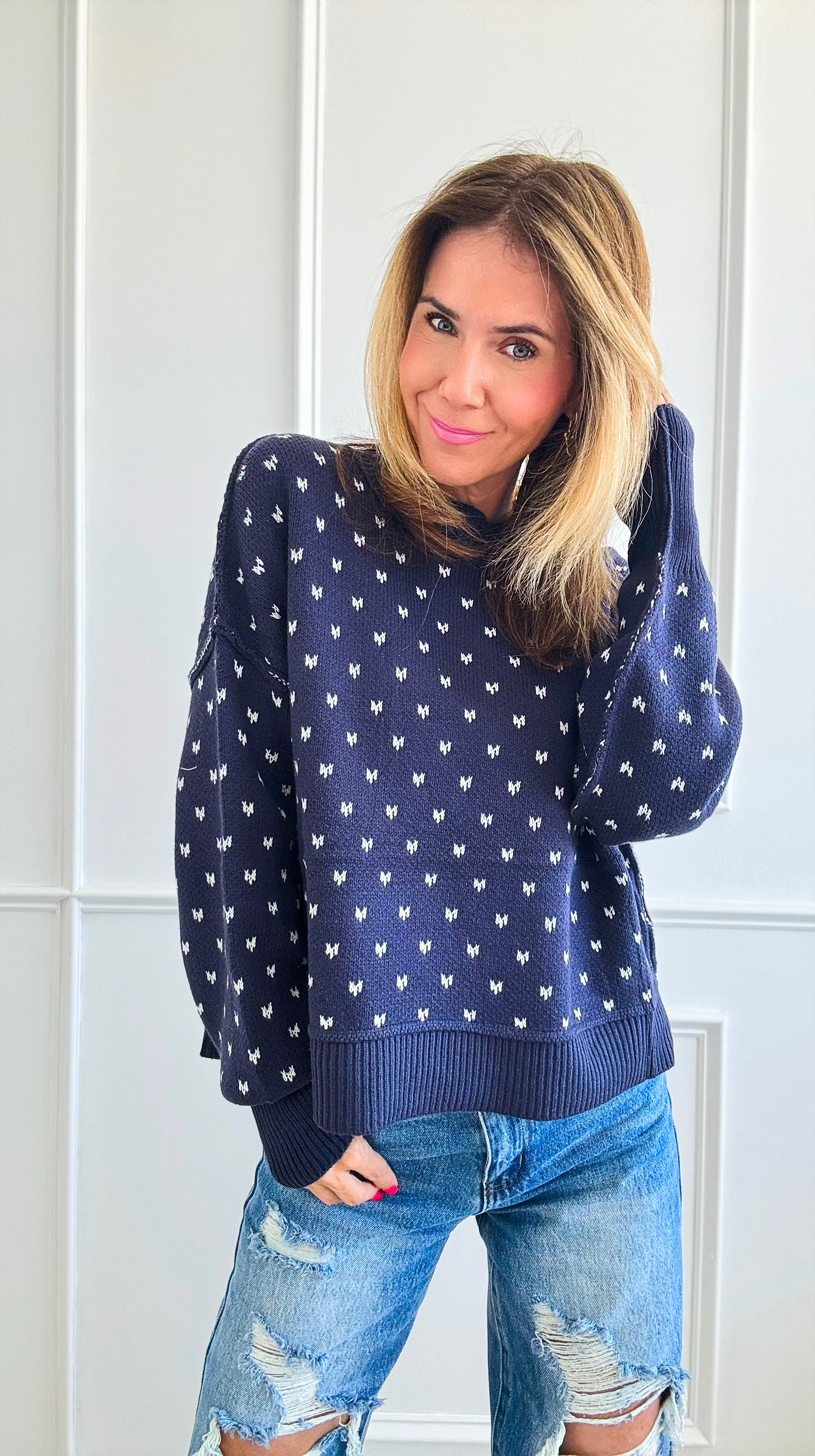 Heart Pattern Cropped Sweater - Navy-140 Sweaters-Miracle-Coastal Bloom Boutique, find the trendiest versions of the popular styles and looks Located in Indialantic, FL