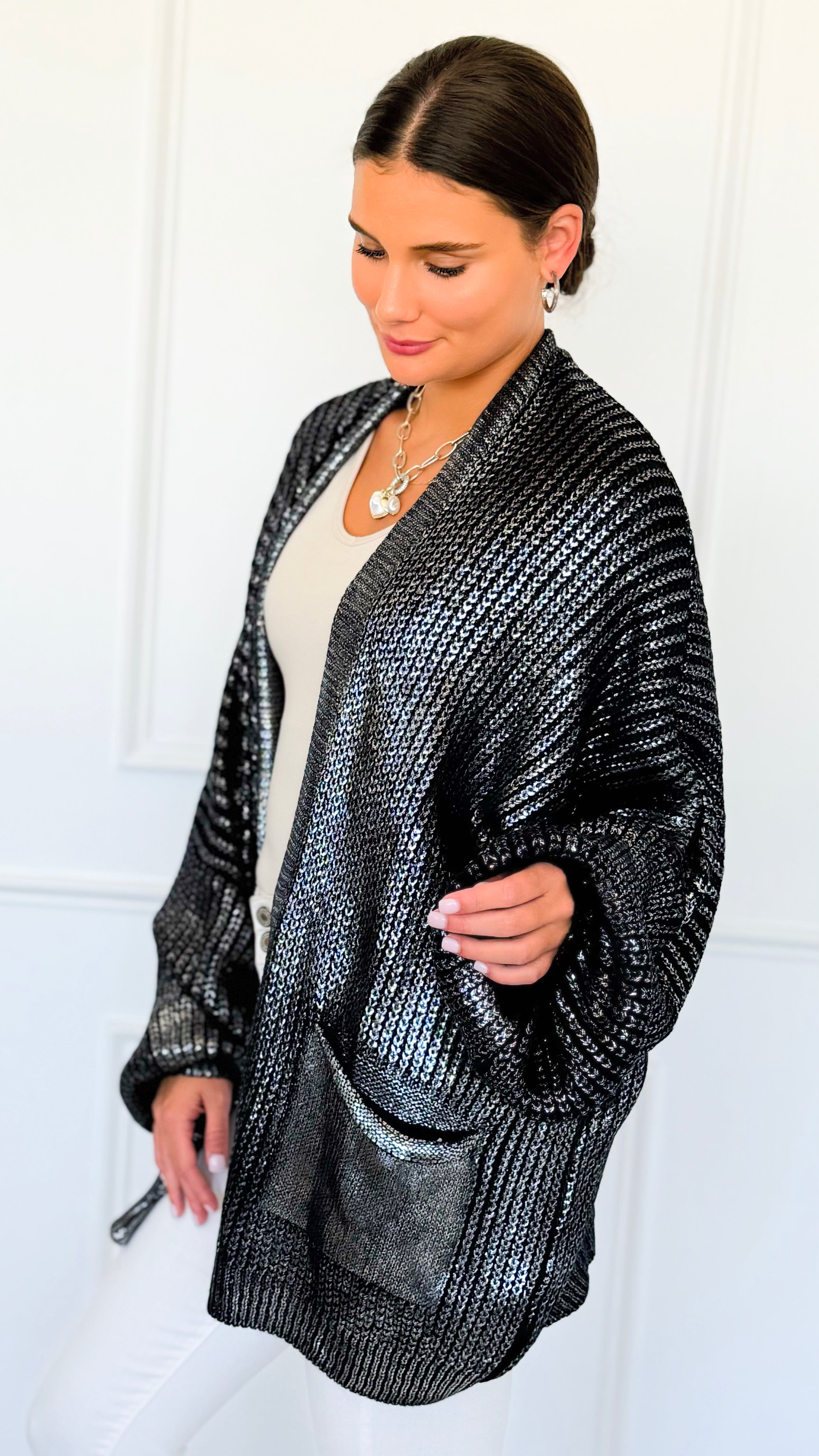 Mirrored Metallic Sugar High Italian Cardigan- Navy/ Silver-150 Cardigan Layers-Italianissimo-Coastal Bloom Boutique, find the trendiest versions of the popular styles and looks Located in Indialantic, FL