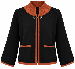 Contrast Trim Hook Front Knit Cardigan - Black