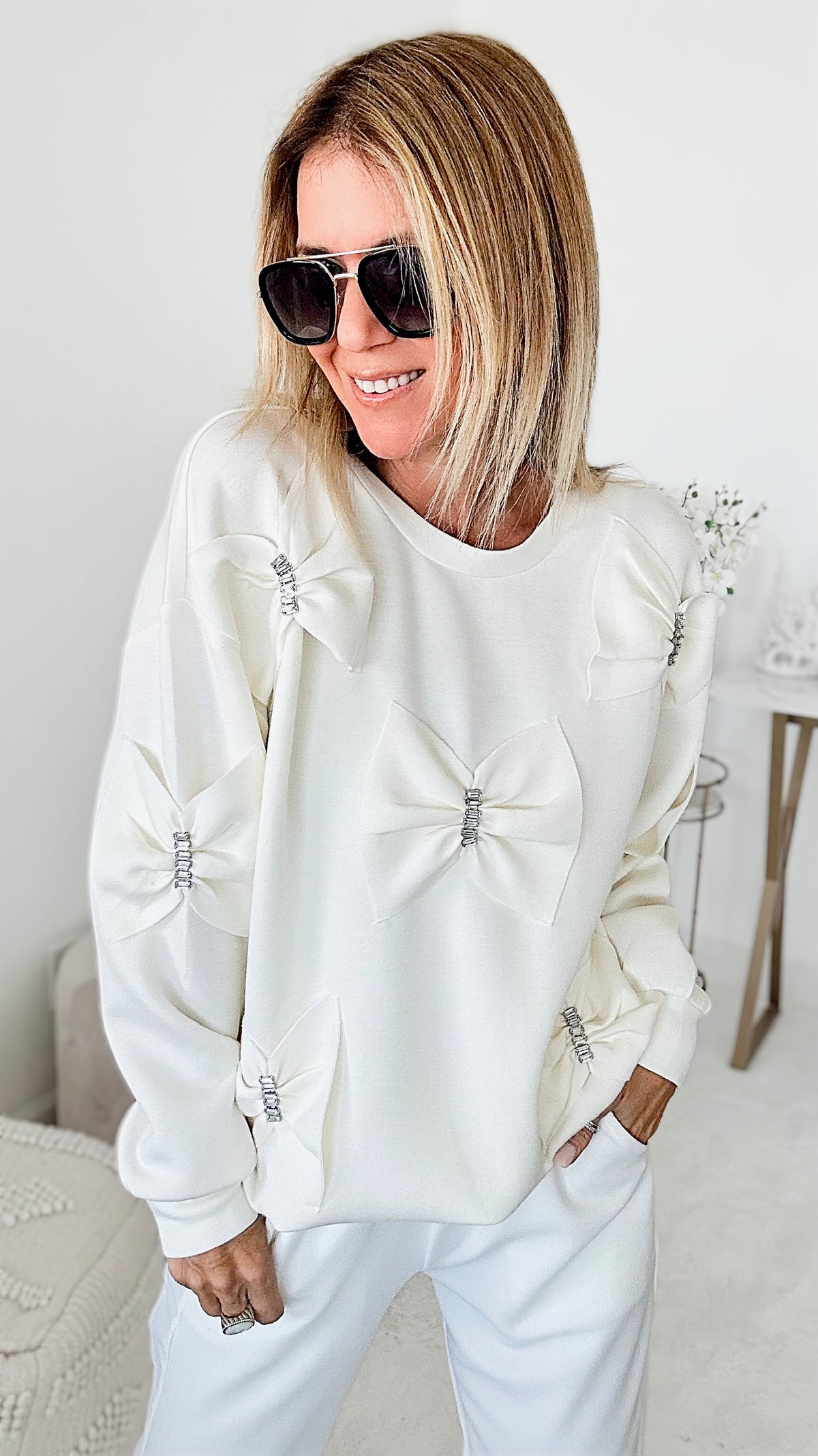 Fiora French Scuba Ribbon-Bow Sweatshirt - White-130 Long Sleeve Tops-Joh Apparel-Coastal Bloom Boutique, find the trendiest versions of the popular styles and looks Located in Indialantic, FL