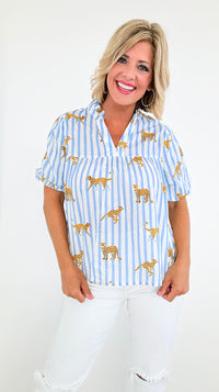 Striped Safari Puff Sleeves Blouse-110 Short Sleeve Tops-THML-Coastal Bloom Boutique, find the trendiest versions of the popular styles and looks Located in Indialantic, FL