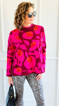Blooming Elegance Knit Sweater - Burgundy-140 Sweaters-JODIFL-Coastal Bloom Boutique, find the trendiest versions of the popular styles and looks Located in Indialantic, FL