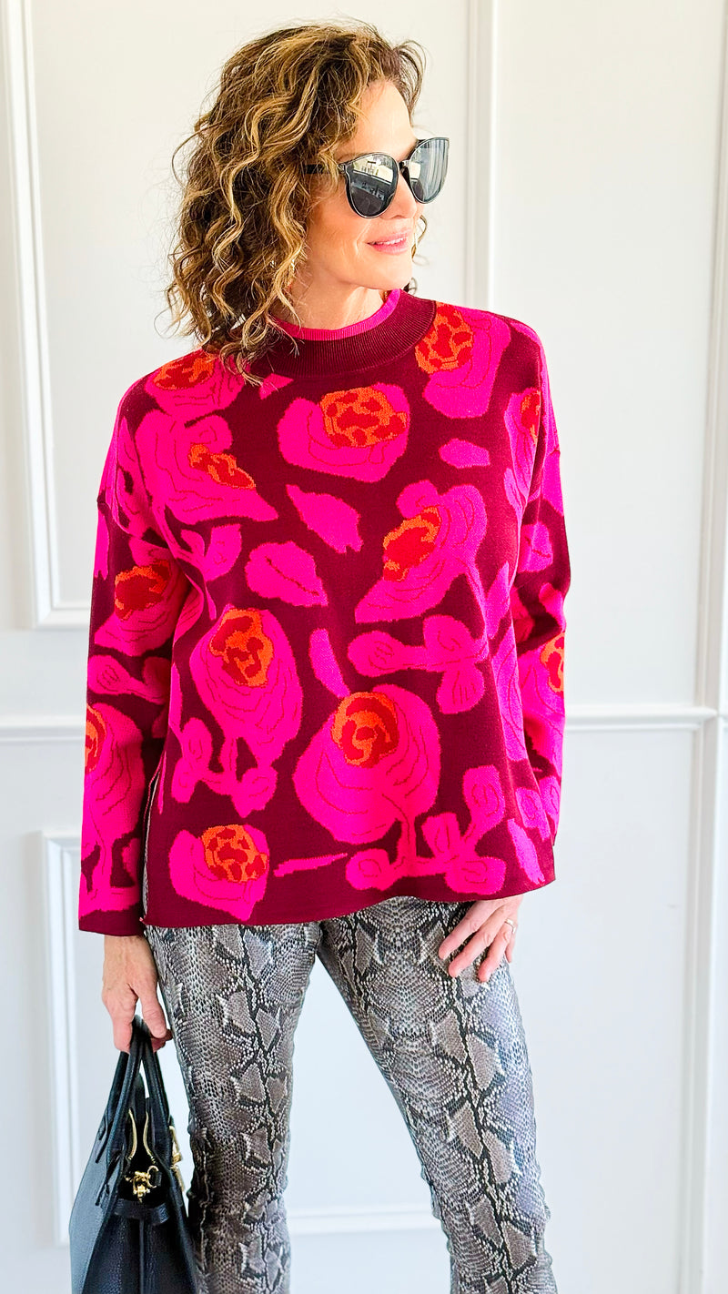 Blooming Elegance Knit Sweater - Burgundy-140 Sweaters-JODIFL-Coastal Bloom Boutique, find the trendiest versions of the popular styles and looks Located in Indialantic, FL