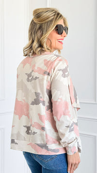 Blush Camo Open Front Jacket-160 Jackets-mystree-Coastal Bloom Boutique, find the trendiest versions of the popular styles and looks Located in Indialantic, FL