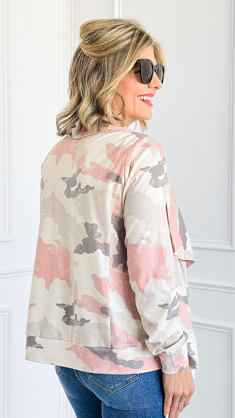 Blush Camo Open Front Jacket-160 Jackets-mystree-Coastal Bloom Boutique, find the trendiest versions of the popular styles and looks Located in Indialantic, FL