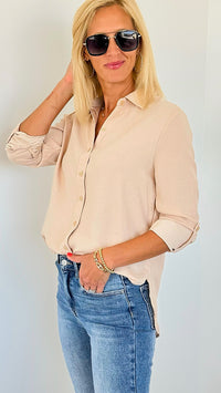 Classic Cuff Sleeves Button Down - Beige-130 Long Sleeve Tops-Michel-Coastal Bloom Boutique, find the trendiest versions of the popular styles and looks Located in Indialantic, FL