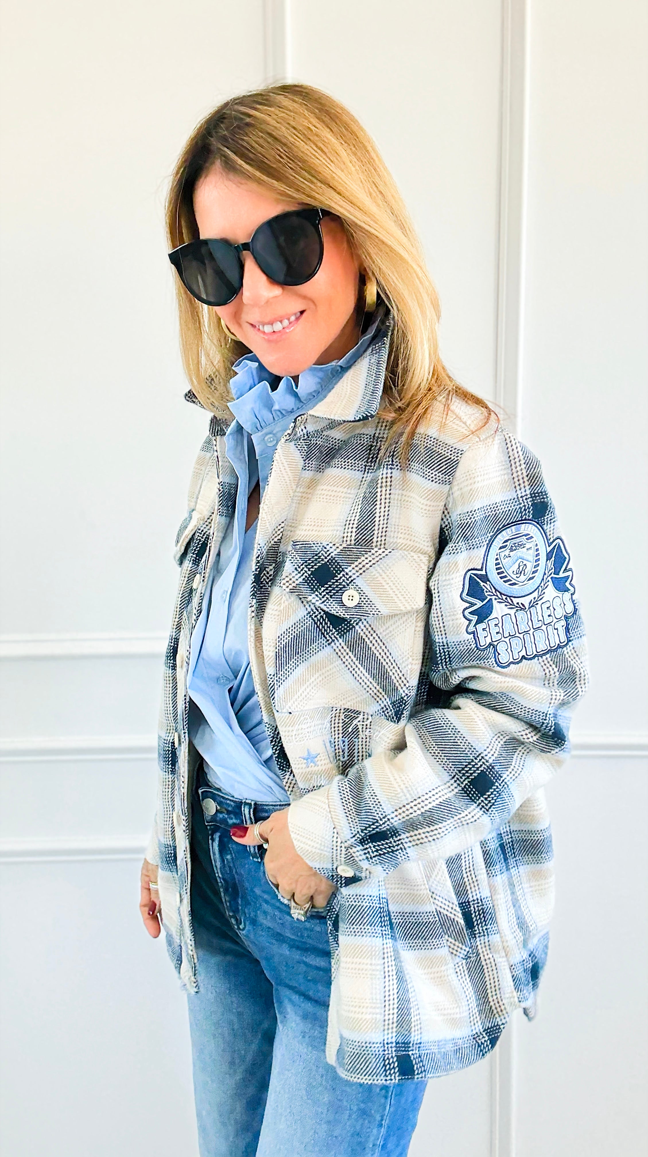 Frosted Plaid Varsity Shacket-160 Jackets-SMOKE RISE RED-Coastal Bloom Boutique, find the trendiest versions of the popular styles and looks Located in Indialantic, FL