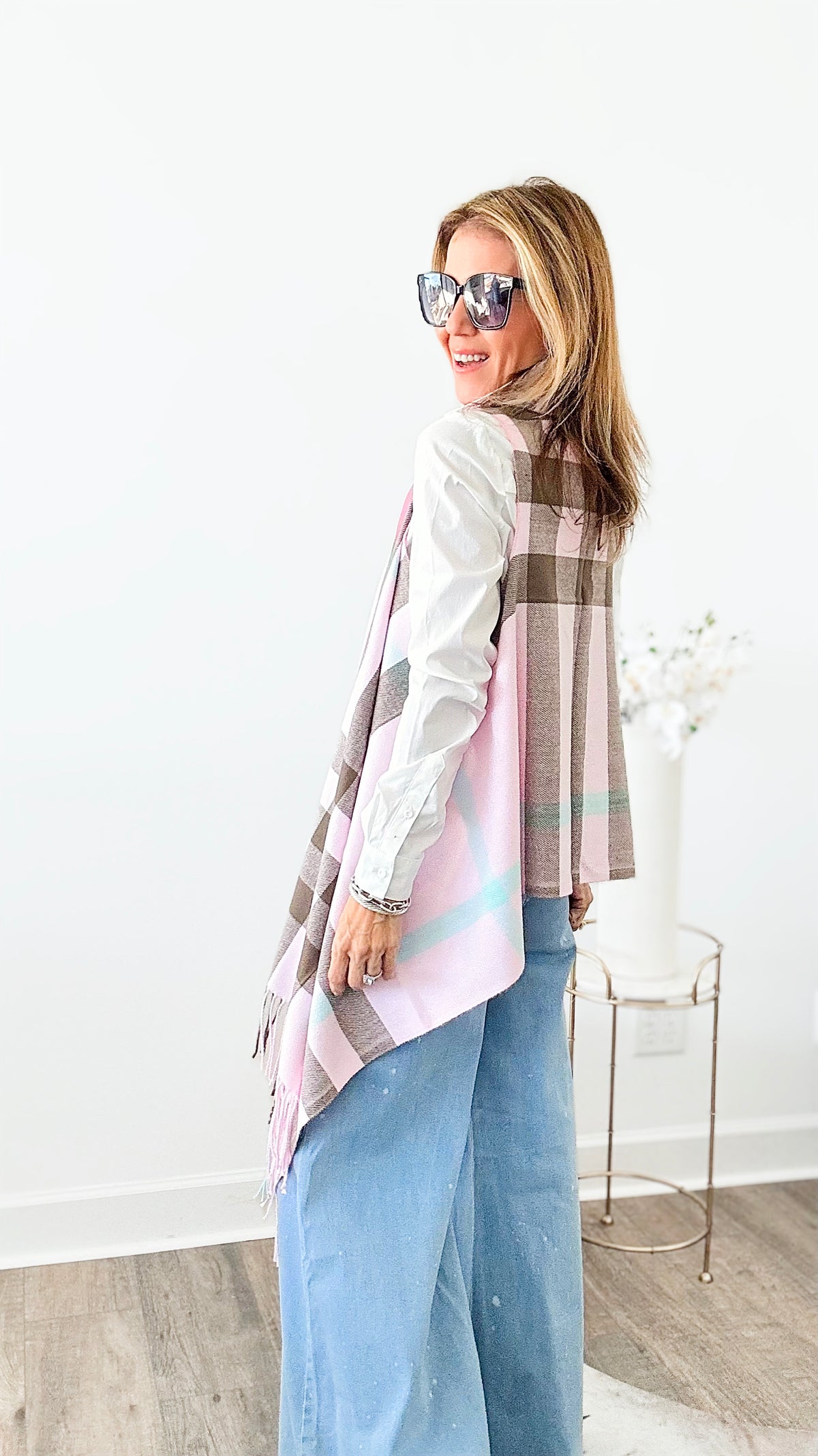 Plaid Cashmere Cover-Up Long Vest-150 Cardigans/Layers-Cap Zone-Coastal Bloom Boutique, find the trendiest versions of the popular styles and looks Located in Indialantic, FL