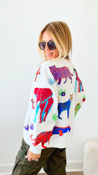 Walk About The Zoo Queen of Sparkles Sequin Sweatshirt - White-130 Long Sleeve Tops-Queen of Sparkles-Coastal Bloom Boutique, find the trendiest versions of the popular styles and looks Located in Indialantic, FL