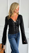 Sweet Seduction Plunge Top - Black-110 Long Sleeve Tops-7Mango7-Coastal Bloom Boutique, find the trendiest versions of the popular styles and looks Located in Indialantic, FL