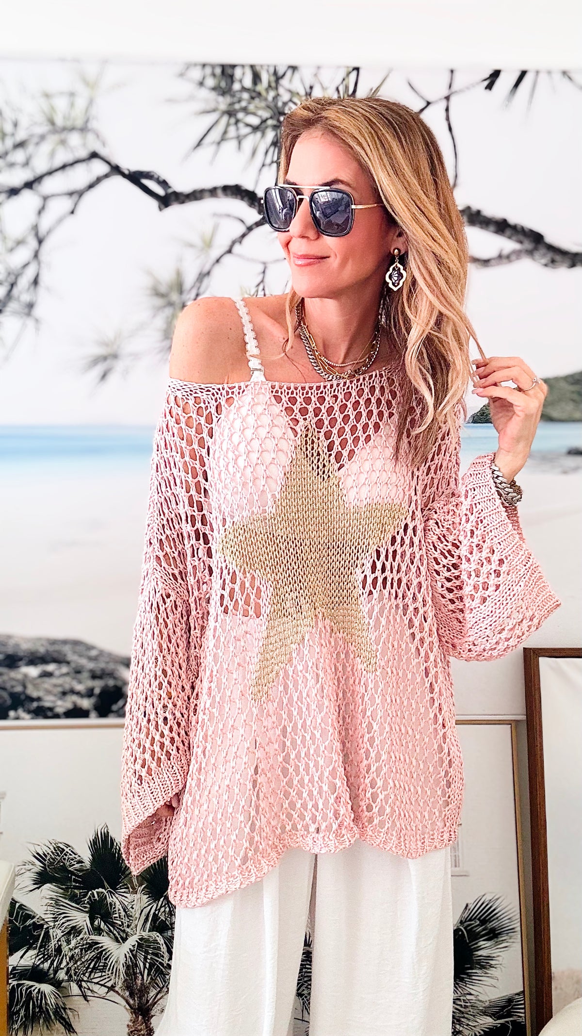 Shining Star Italian Chain Sweater - Blush /Gold-140 Sweaters-Italianissimo-Coastal Bloom Boutique, find the trendiest versions of the popular styles and looks Located in Indialantic, FL