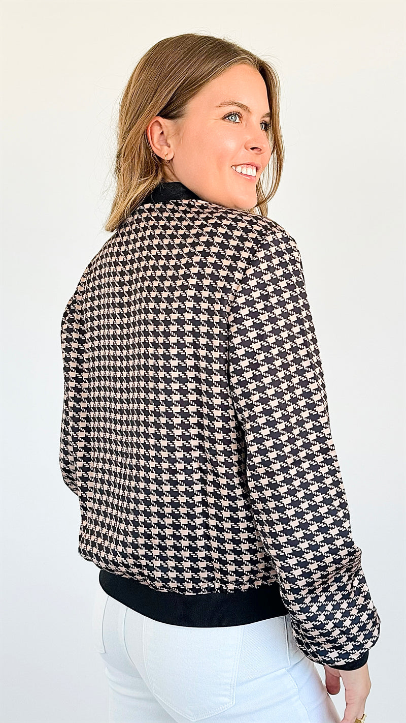 Houndstooth Satin Bomber Jacket-160 Jackets-Tea & Cup-Coastal Bloom Boutique, find the trendiest versions of the popular styles and looks Located in Indialantic, FL