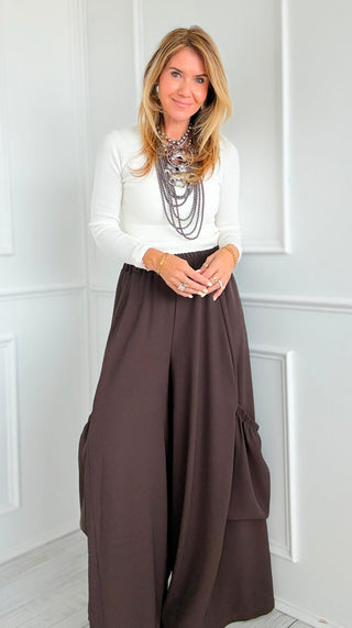 Pre Auth - Chic Moon Big Pocket Italian Pants- Chocolate