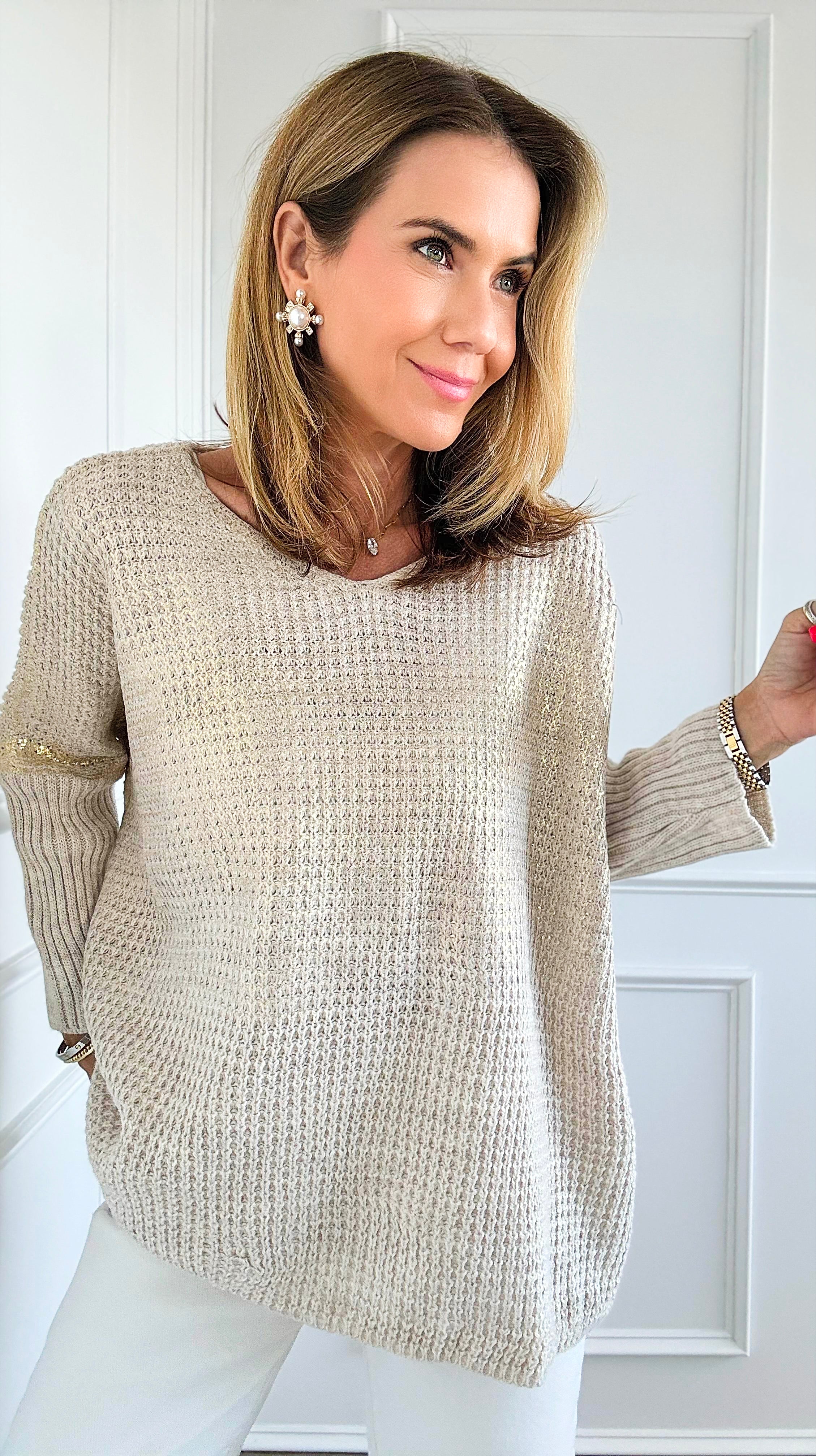 Luminous Italian Sweater- Ecru/Gold-140 Sweaters-Italianissimo-Coastal Bloom Boutique, find the trendiest versions of the popular styles and looks Located in Indialantic, FL