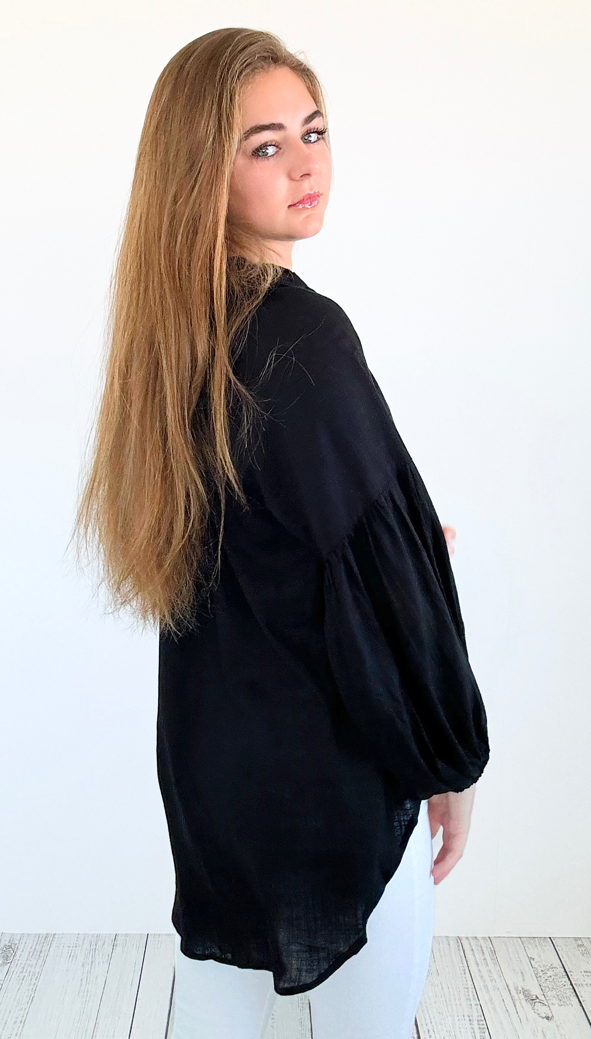 Savannah Breeze Peasant Blouse - Black-130 Long Sleeve Tops-ROUSSEAU-Coastal Bloom Boutique, find the trendiest versions of the popular styles and looks Located in Indialantic, FL