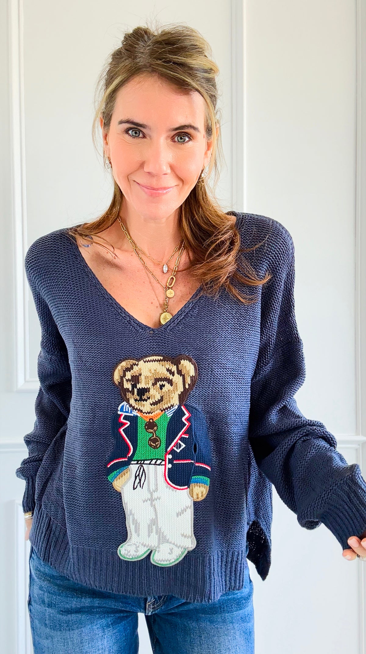 CB Custom Preppy Bear V-Neck Sweater - Navy-140 Sweaters-Miracle / Holly-Coastal Bloom Boutique, find the trendiest versions of the popular styles and looks Located in Indialantic, FL