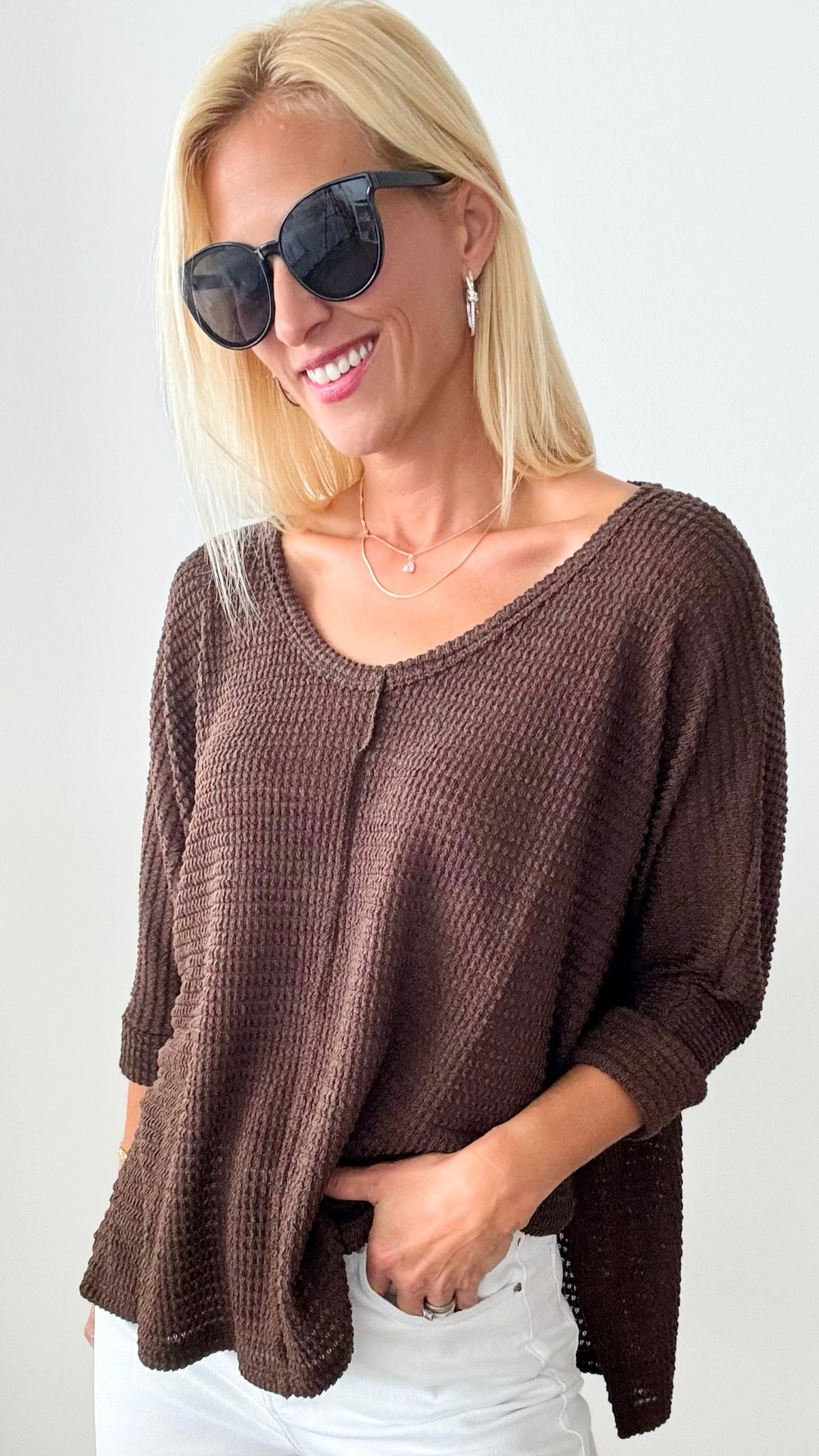 Hi-Low Hem Jacquard Sweater - Brown-140 Sweaters-Zenana-Coastal Bloom Boutique, find the trendiest versions of the popular styles and looks Located in Indialantic, FL