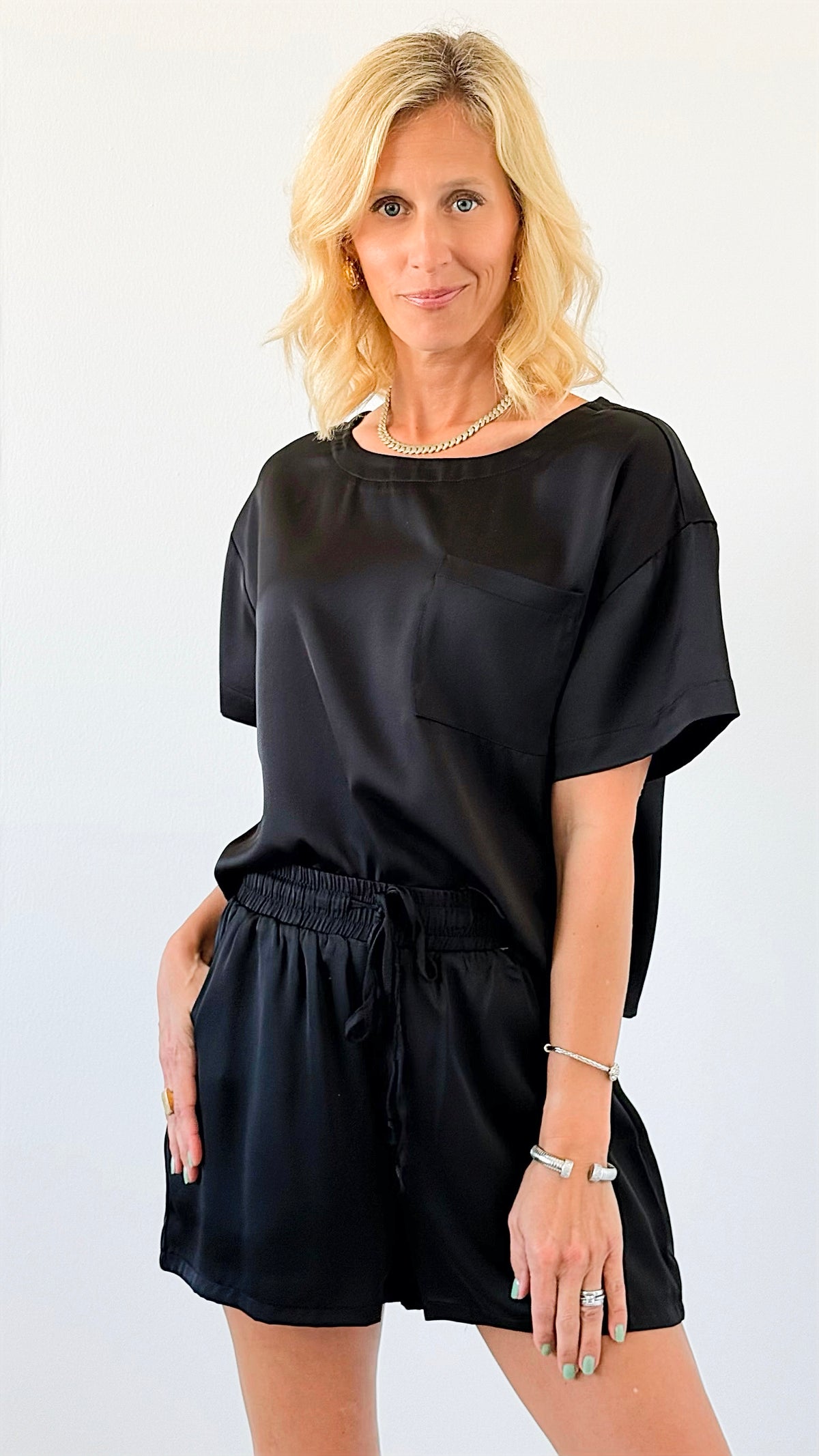 Luxe Lounge Satin Set - Black-210 Loungewear/sets-Jodifl-Coastal Bloom Boutique, find the trendiest versions of the popular styles and looks Located in Indialantic, FL