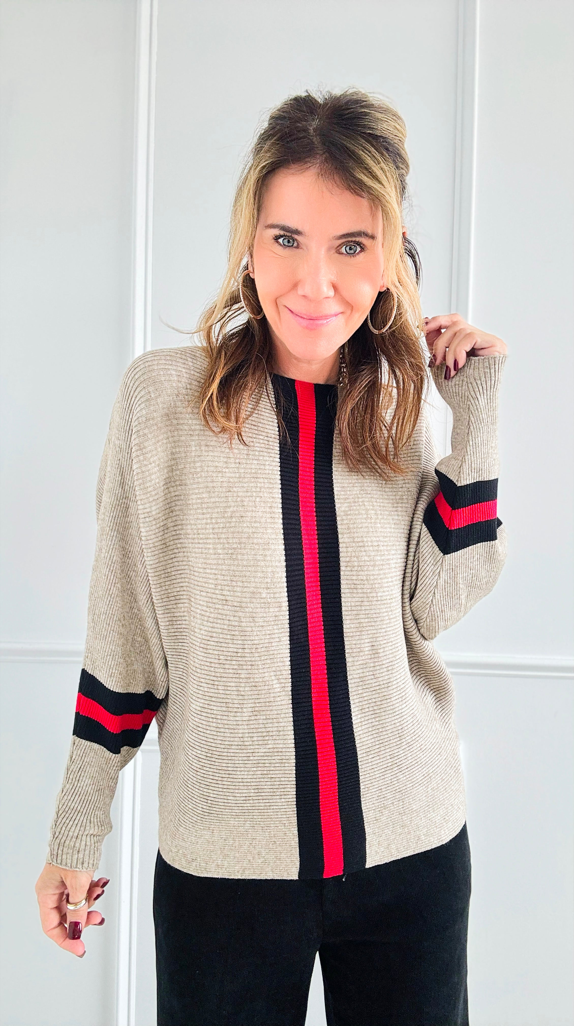 Contrast Striped Detail Knit Pullover-150 Cardigans/Layers-Chasing Bandits-Coastal Bloom Boutique, find the trendiest versions of the popular styles and looks Located in Indialantic, FL