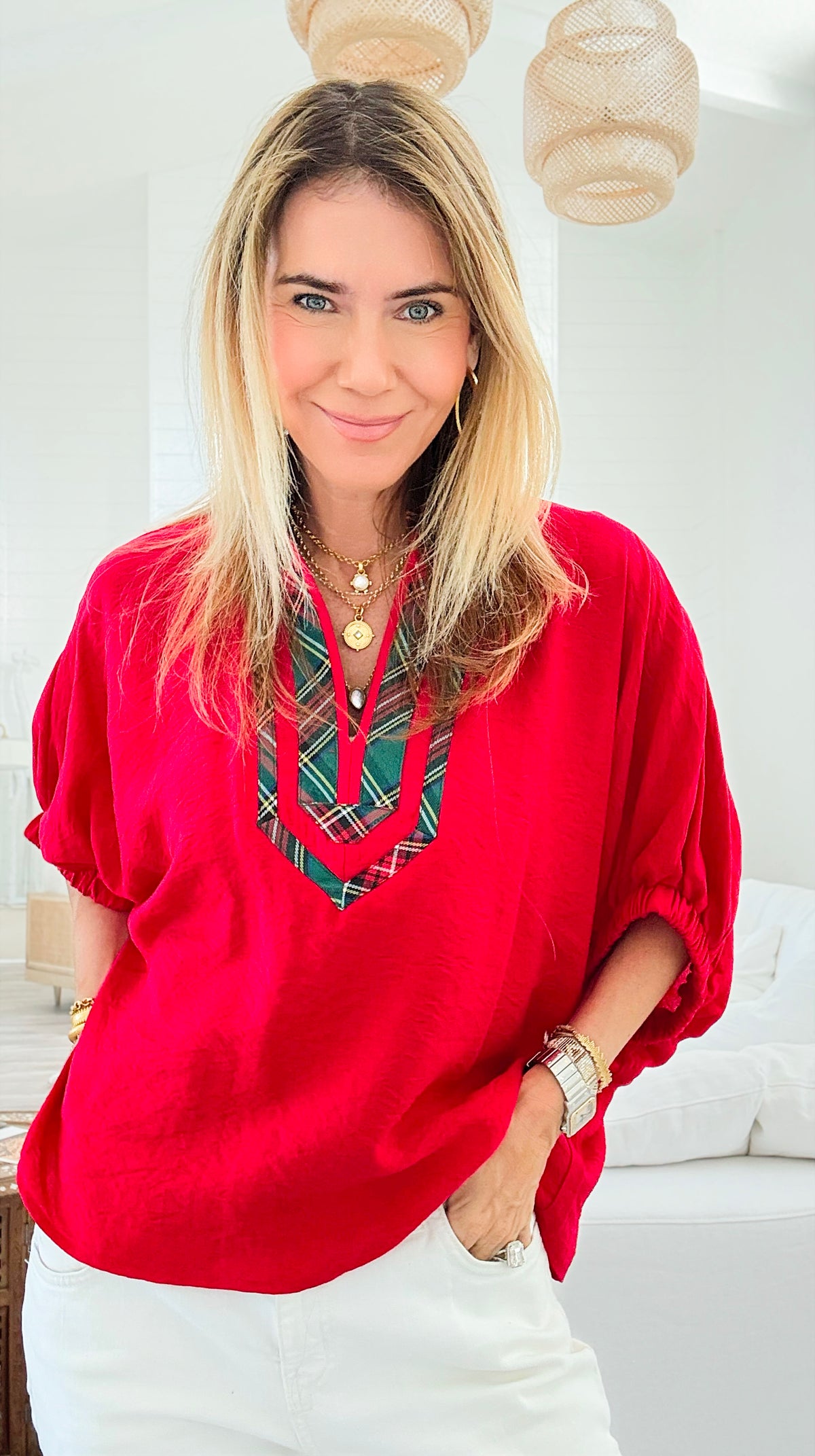 Bold Plaid Trim Blouse - Red-110 Short Sleeve Tops-entro-Coastal Bloom Boutique, find the trendiest versions of the popular styles and looks Located in Indialantic, FL