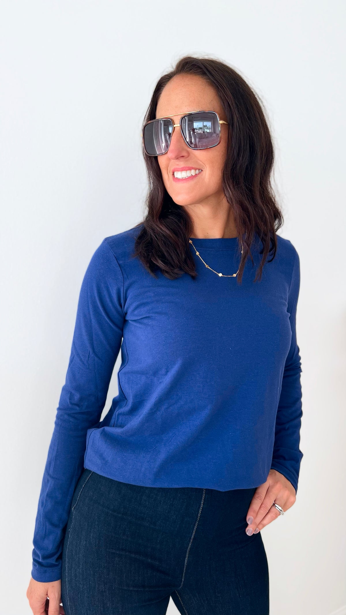 Anniston Cotton Crew Neck Long Sleeve- Light Navy-130 Long Sleeve Tops-Zenana-Coastal Bloom Boutique, find the trendiest versions of the popular styles and looks Located in Indialantic, FL